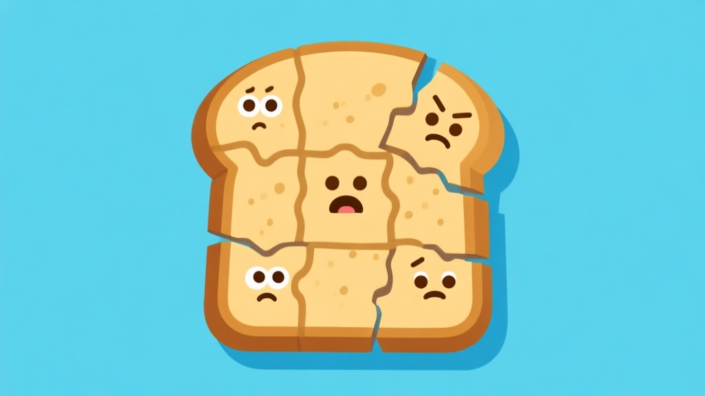 Ilustrasi minimalis game puzzle dengan potongan roti panggang (toast) berwarna coklat keemasan tersusun rapi, beberapa potongan memiliki ekspresi lucu dan bingung, latar belakang biru muda yang bersih, gaya flat design yang modern high quality illustration, detailed, 16:9