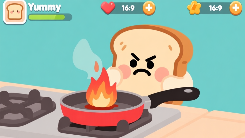 Ilustrasi game Yummy Toast dengan karakter kartun frustrasi melihat roti hangus di atas wajan, antarmuka game terlihat, warna pastel dengan aksen merah untuk elemen gagal, gaya minimalis dan clean high quality illustration, detailed, 16:9