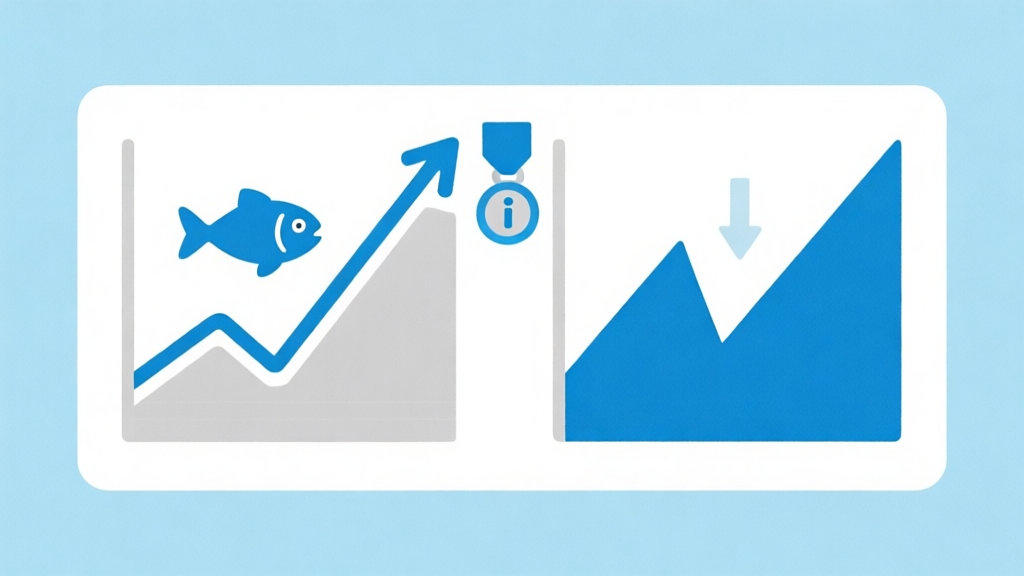 Ilustrasi minimalis dua grafik garis, satu bergerak naik stabil, satu bergerak naik turun tajam, dengan ikon ikan kecil dan medali, skema warna biru muda dan abu-abu, gaya clean vector high quality illustration, detailed, 16:9