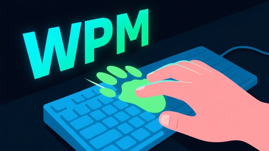 Ilustrasi minimalis tangan di atas keyboard dengan jejak cahaya berwarna biru muda dan hijau yang menunjukkan kecepatan, latar belakang gelap dengan tipografi angka WPM yang besar, gaya visual game yang bersih high quality illustration, detailed, 16:9