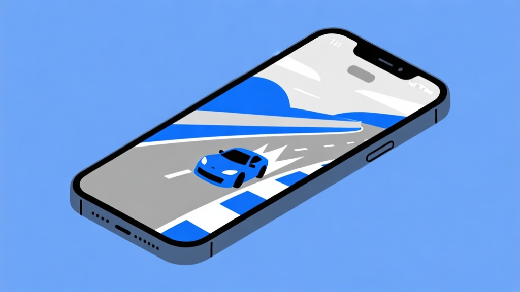 Ilustrasi minimalis ponsel dengan layar game balap abstrak, menunjukkan mobil pemula terjebak di pinggir trek, skema warna biru dan abu-abu yang bersih, desain flat dengan elemen garis tipis high quality illustration, detailed, 16:9