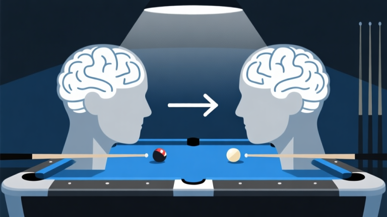 自动生成图片: Ilustrasi konsep psikologi permainan, dua pikiran yang saling berhadapan di atas meja biliar digital, dengan panah-panah tak terlihat menghubungkannya, gaya minimalis dengan nuansa biru gelap dan abu-abu, atmosfer tegang dan kompetitif high quality illustration, detailed, 16:9