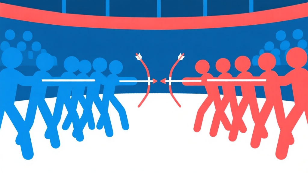 Ilustrasi minimalis dua pasukan stickman dalam formasi bertahan dan menyerang di arena, skema warna biru dan merah yang kontras, gaya clean vector, fokus pada formasi dan panah strategi high quality illustration, detailed, 16:9