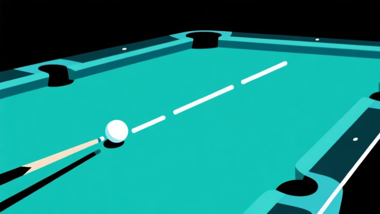 自动生成图片: Ilustrasi minimalis jalur bola biliar berwarna putih di atas meja hijau gelap, dengan garis lintasan berwarna terang yang memantul dari tiga band sebelum mengenai bola target. Gaya clean vector, skema warna biru muda dan putih pada garis, latar belakang gelap untuk kontras. high quality illustration, detailed, 16:9