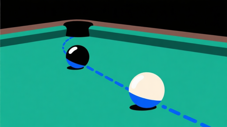 自动生成图片: Ilustrasi minimalis dua bola biliar dengan jalur pantulan yang digambarkan sebagai garis putus-putus berwarna biru muda di atas meja hijau gelap, gaya clean vector, komposisi sederhana high quality illustration, detailed, 16:9