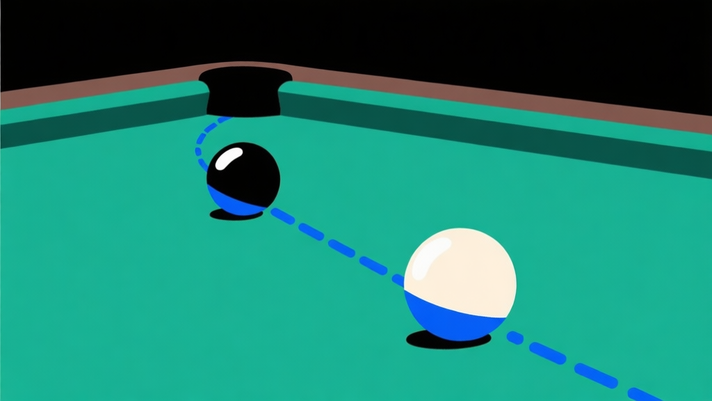 Ilustrasi minimalis dua bola biliar dengan jalur pantulan yang digambarkan sebagai garis putus-putus berwarna biru muda di atas meja hijau gelap, gaya clean vector, komposisi sederhana high quality illustration, detailed, 16:9