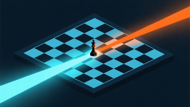 自动生成图片: Komposisi abstrak papan catur dam dengan jalur cahaya berwarna biru muda dan oranye menonjolkan jalur serangan, gaya minimalis, latar belakang gelap lembut, ilustrasi konsep strategi high quality illustration, detailed, 16:9