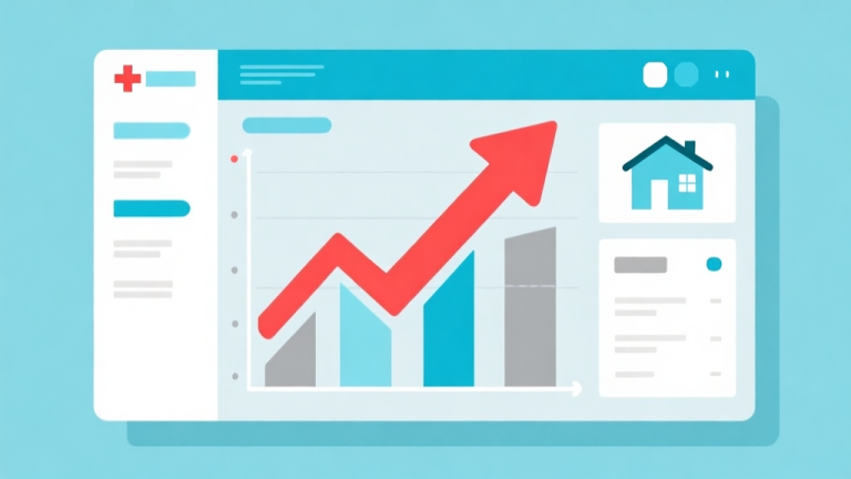 自动生成图片: Ilustrasi grafis minimalis sebuah dashboard rumah sakit dengan panah merah menunjuk ke grafik yang menurun, skema warna biru muda dan abu-abu, desain bersih, gaya infografis bisnis high quality illustration, detailed, 16:9