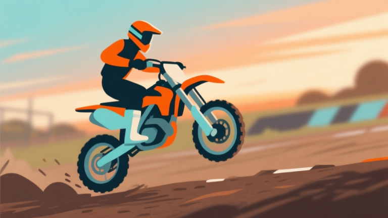 自动生成图片: Ilustrasi minimalis seorang pembalap motocross dalam gaya game 2D sedang dalam posisi mendarat sempurna dengan roda belakang menyentuh tanah terlebih dahulu, latar belakang blur dengan track berwarna tanah dan langit senja, gaya clean vector art, warna dominan oranye dan biru muda high quality illustration, detailed, 16:9