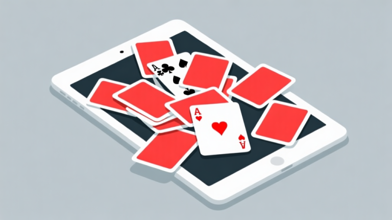 自动生成图片: Ilustrasi minimalis kartu Solitaire Klondike 2 yang berantakan di layar tablet, dengan beberapa kartu berwarna merah menyala menandai kesalahan umum, latar belakang soft grey, gaya flat design yang bersih high quality illustration, detailed, 16:9