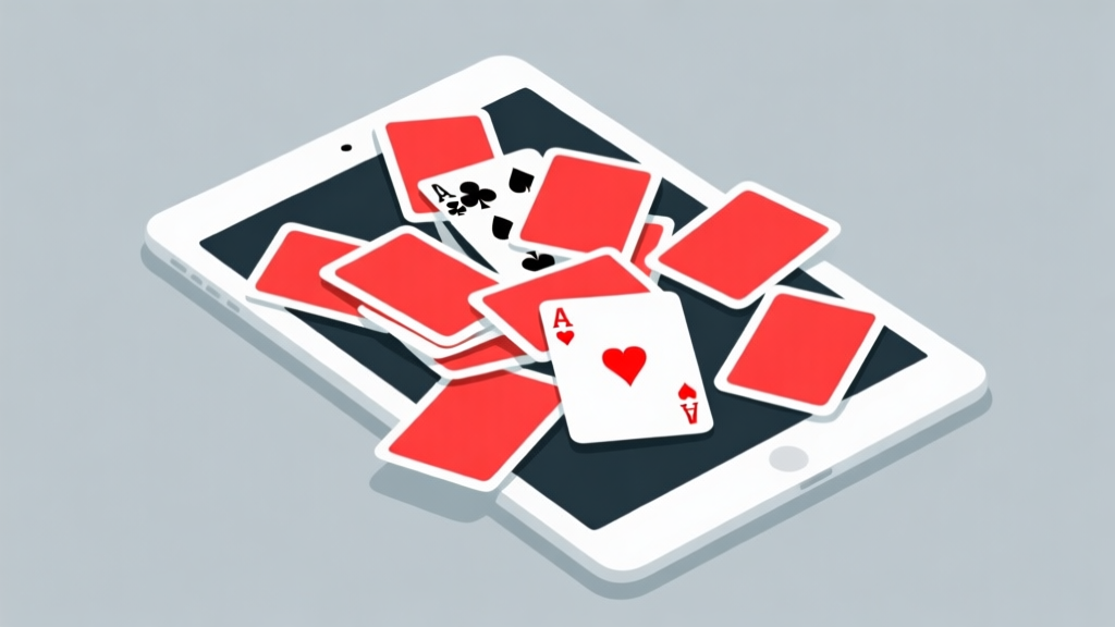 Ilustrasi minimalis kartu Solitaire Klondike 2 yang berantakan di layar tablet, dengan beberapa kartu berwarna merah menyala menandai kesalahan umum, latar belakang soft grey, gaya flat design yang bersih high quality illustration, detailed, 16:9