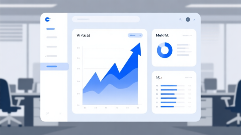 自动生成图片: Ilustrasi minimalis kantor virtual dengan grafik profit yang melonjak, skema warna biru muda dan abu-abu, desain dashboard yang bersih, gaya infografis bisnis high quality illustration, detailed, 16:9