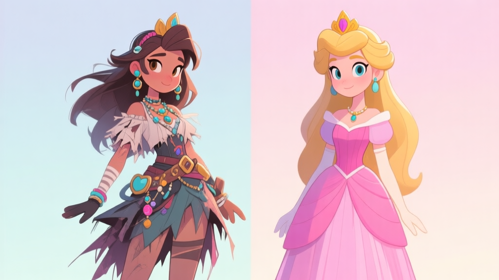 Ilustrasi kontras dua karakter princess game dress up, satu dengan gaya berantakan dan penuh aksesori, satu dengan gaya minimalis elegan, latar belakang pastel soft, gaya ilustrasi digital kartun yang bersih high quality illustration, detailed, 16:9