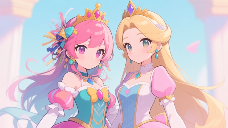 自动生成图片: Ilustrasi dua karakter princess game berdampingan, satu dengan kombinasi warna dan aksesori yang kacau, satunya lagi terlihat harmonis dan elegan, gaya anime game mobile yang bersih, warna pastel lembut high quality illustration, detailed, 16:9