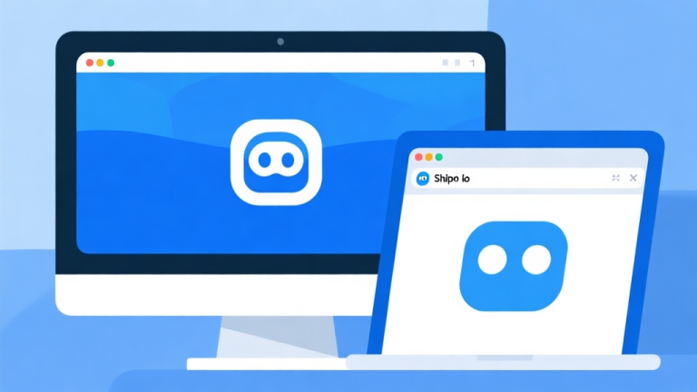 自动生成图片: Ilustrasi minimalis layar komputer dengan ikon game Shipo io di desktop dan browser terbuka bersebelahan, skema warna biru laut dan putih, desain bersih, gaya infografis panduan teknologi high quality illustration, detailed, 16:9