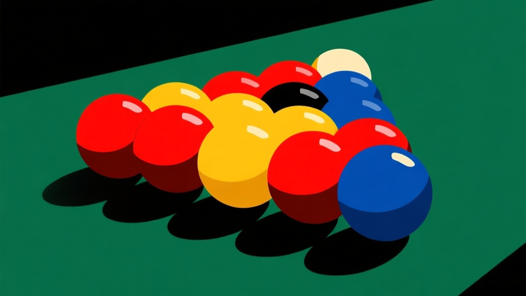 Komposisi abstrak dari bola billiard berwarna solid (merah, kuning, biru) yang tersusun rapi di atas bidang hijau gelap, dengan bayangan yang dramatis. Gaya ilustrasi minimalis dan clean, dengan palet warna terbatas yang profesional. high quality illustration, detailed, 16:9