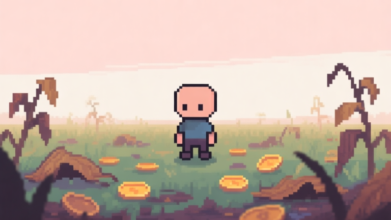 自动生成图片: Ilustrasi minimalis seorang karakter game kecil berdiri di tengah ladang yang berantakan, dengan tanaman layu dan koin berserakan, latar belakang warna pastel pudar, gaya seni pixel art yang clean dan sederhana high quality illustration, detailed, 16:9