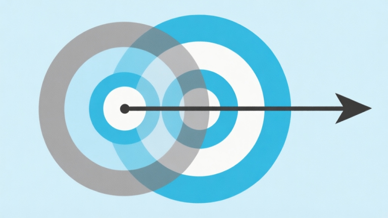 自动生成图片: Ilustrasi minimalis dua lingkaran konsentris dengan titik di tengah, ditempatkan di ujung panah lurus yang elegan, skema warna biru muda dan abu-abu, gaya garis bersih, menggambarkan presisi dan penargetan high quality illustration, detailed, 16:9