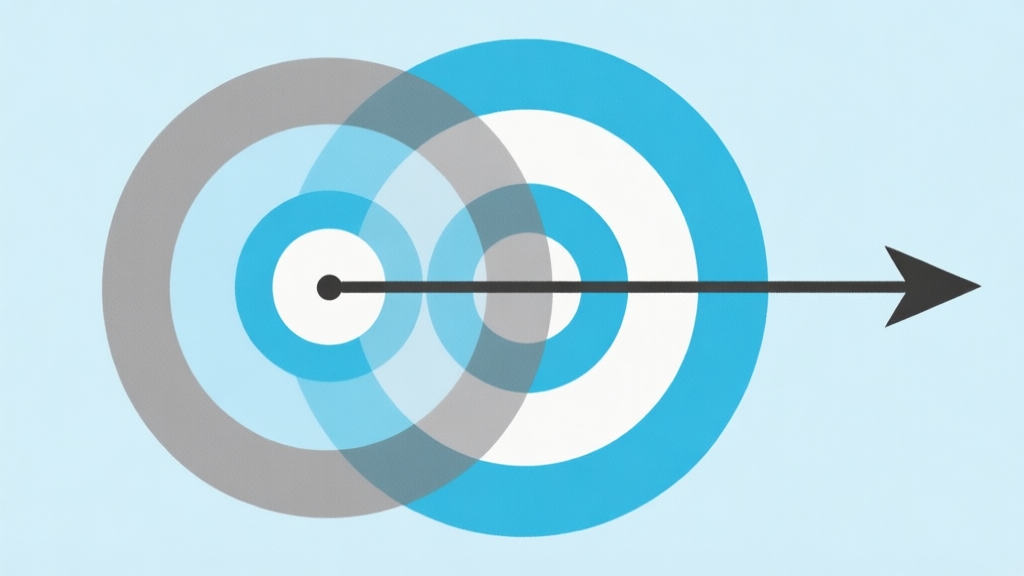Ilustrasi minimalis dua lingkaran konsentris dengan titik di tengah, ditempatkan di ujung panah lurus yang elegan, skema warna biru muda dan abu-abu, gaya garis bersih, menggambarkan presisi dan penargetan high quality illustration, detailed, 16:9