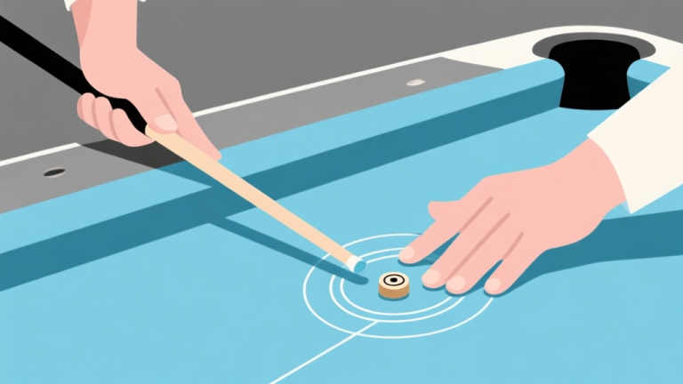 自动生成图片: Ilustrasi minimalis dua tangan, satu memegang stik billiard dengan stabil, satunya lagi menjentikkan bidak carrom. Garis lintasan yang halus dan tepat sasaran, skema warna biru muda dan abu-abu, desain bersih, gaya infografis high quality illustration, detailed, 16:9