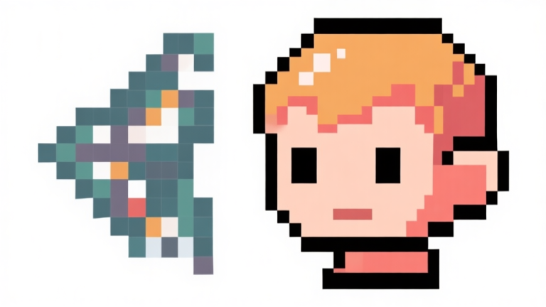 自动生成图片: Ilustrasi kontras antara piksel berantakan dan sprite karakter pixel art yang rapi dan berwarna, gaya minimalis dengan palet warna terbatas, latar belakang putih bersih high quality illustration, detailed, 16:9