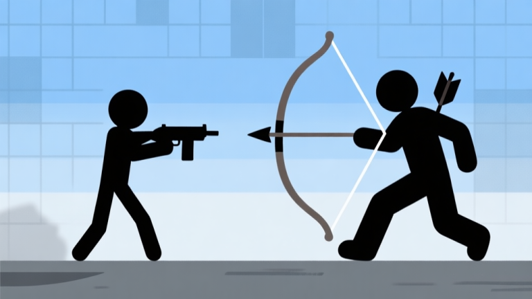 自动生成图片: Ilustrasi minimalis dua stickman dalam game, satu stickman penembak menjaga jarak aman dari musuh yang mendekat, dengan panah melengkung menunjukkan jalur gerakan mundur (kiting), latar belakang abstrak dengan grid samar, gaya flat design, warna biru dan abu-abu dominan high quality illustration, detailed, 16:9