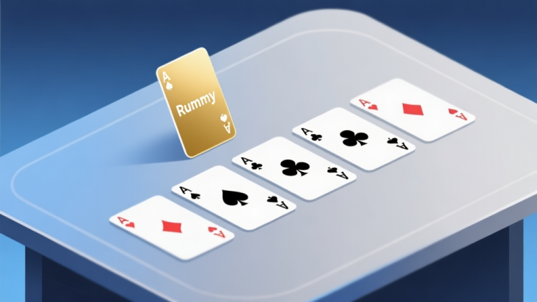 自动生成图片: Ilustrasi minimalis kartu remi Rummy yang tersusun rapi di atas meja digital, dengan satu kartu highlight berwarna emas, latar belakang soft gradient biru ke abu-abu, gaya clean professional high quality illustration, detailed, 16:9