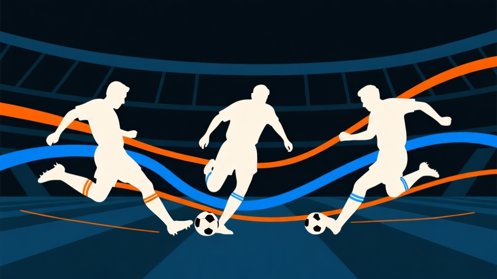 Ilustrasi gaya game sepak bola dengan siluet tiga pemain legenda melakukan skill berbeda (dribble cepat, umpan terukur, tendangan melengkung), dengan garis-garis gerak abstrak berwarna biru dan oranye, latar belakang gelap stadion minimalis high quality illustration, detailed, 16:9