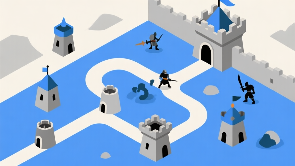 Ilustrasi minimalis game tower defense dengan jalur berliku, beberapa menara dengan tipe berbeda ditempatkan di sudut strategis, dan gelombang musuh abstrak yang mendekati kastil. Skema warna biru dan abu-abu yang tenang, gaya clean vector. high quality illustration, detailed, 16:9