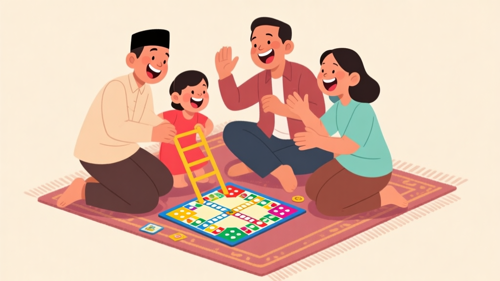 Ilustrasi keluarga Indonesia sedang tertawa bermain ular tangga di atas karpet, dengan papan permainan berwarna cerah yang terlihat jelas, suasana hangat dan ceria, gaya ilustrasi digital yang bersih dan ramah high quality illustration, detailed, 16:9