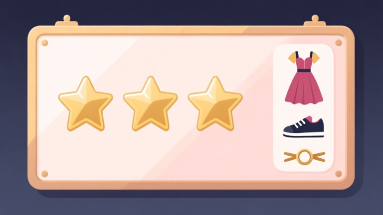 自动生成图片: Ilustrasi minimalis dari papan skor game dengan tiga bintang bersinar, di sebelahnya terdapat ikon pakaian (gaun, sepatu, aksesori) yang tersusun rapi. Skema warna pastel lembut dengan aksen emas, gaya clean dan modern, konsep pencapaian sempurna high quality illustration, detailed, 16:9