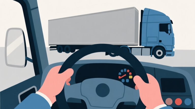 自动生成图片: Ilustrasi minimalis setir game dengan tampilan first-person view, tangan di setir, latar belakang kabin truk besar yang sederhana, skema warna abu-abu dan biru tua, gaya desain bersih, fokus pada detail kontrol high quality illustration, detailed, 16:9