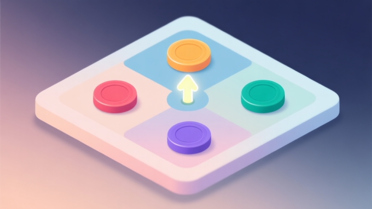 自动生成图片: Ilustrasi minimalis papan permainan abstrak dengan empat token warna berbeda dan penanda giliran berbentuk panah kecil yang menyala, skema warna pastel lembut, gaya desain bersih, latar belakang gradient halus high quality illustration, detailed, 16:9