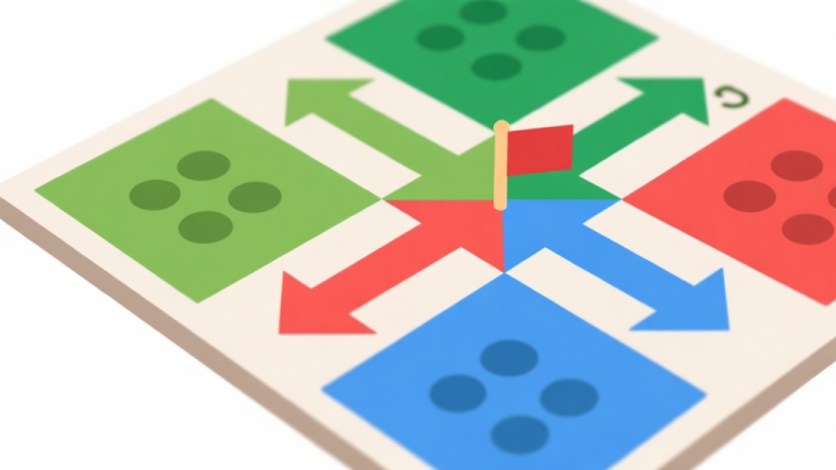 自动生成图片: Ilustrasi papan permainan Ludo dengan close-up pada beberapa kotak yang memiliki simbol bendera berwarna (hijau, merah, biru), gaya flat design minimalis, warna netral dengan aksen cerah, latar belakang putih bersih high quality illustration, detailed, 16:9