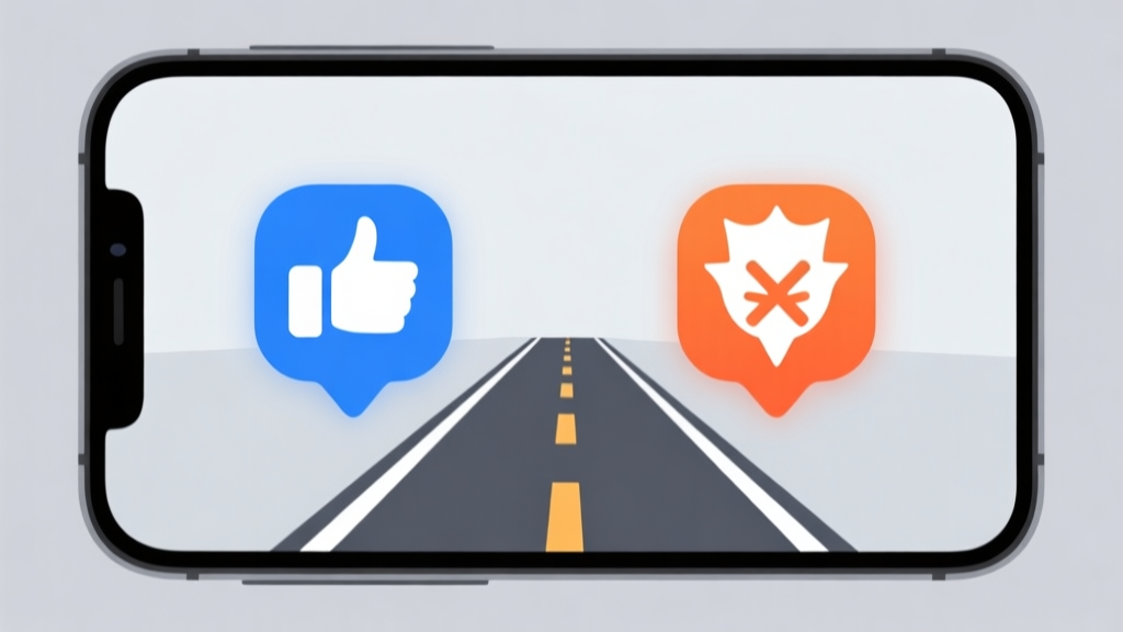 Ilustrasi minimalis dua jalur divergen di layar ponsel, satu dengan ikon 'like' berwarna biru, satu dengan ikon 'kontroversi' berwarna oranye, latar belakang abu-abu muda, gaya UI game modern yang bersih high quality illustration, detailed, 16:9