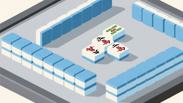 自动生成图片: Ilustrasi minimalis papan permainan Mahjong Solitaire dengan ubin bertumpuk, beberapa ubin di highlight dengan cahaya lembut untuk menunjukkan pasangan yang tersedia, skema warna pastel biru dan abu-abu, gaya clean dan geometris high quality illustration, detailed, 16:9