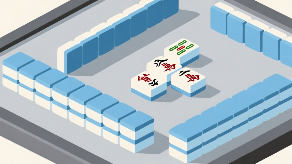 Ilustrasi minimalis papan permainan Mahjong Solitaire dengan ubin bertumpuk, beberapa ubin di highlight dengan cahaya lembut untuk menunjukkan pasangan yang tersedia, skema warna pastel biru dan abu-abu, gaya clean dan geometris high quality illustration, detailed, 16:9