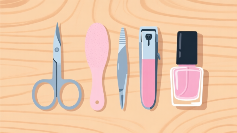 自动生成图片: Komposisi minimalis dari alat manicure dasar yang tersusun rapi di atas permukaan kayu terang, seperti gunting kuku, buffer, pen cuticle, dan botol cat kuku bening. Warna pastel lembut, gaya flat lay, ilustrasi konsep yang bersih dan terorganisir. high quality illustration, detailed, 16:9