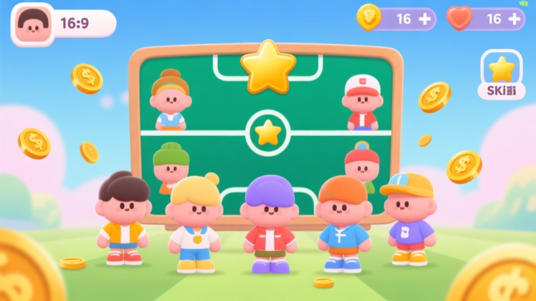 自动生成图片: Ilustrasi game mobile bergaya kartun yang menunjukkan karakter dengan berbagai pilihan pakaian di depan papan skor, dengan simbol bintang dan koin berserakan, warna pastel cerah, desain antarmuka yang bersih high quality illustration, detailed, 16:9