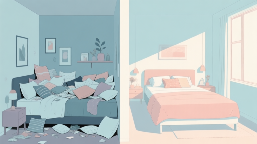 Ilustrasi minimalis dua kamar tidur yang bersebelahan, satu terlihat berantakan dan sesak dengan terlalu banyak bantal dan dekorasi, satunya lagi teratur, lapang, dan terang dengan elemen cozy yang tepat. Skema warna pastel lembut, gaya garis bersih. high quality illustration, detailed, 16:9