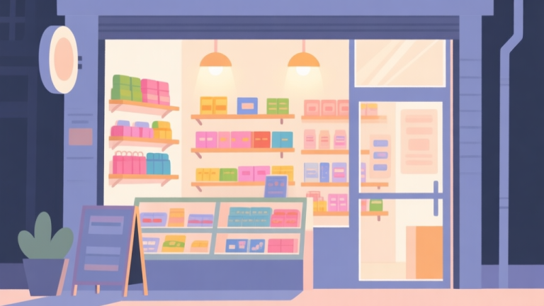 自动生成图片: Ilustrasi minimalis toko kecil yang rapi dengan rak-rak berisi barang berwarna-warni, cahaya hangat dari jendela, suasana cozy dan terorganisir, gaya flat design dengan palet warna pastel lembut high quality illustration, detailed, 16:9