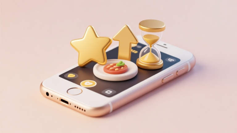 自动生成图片: Ilustrasi minimalis dari ponsel dengan game memasak di layar, ditumpangi dengan ikon bintang emas, panah naik, dan jam pasir. Skema warna pastel lembut dengan aksen emas, gaya clean dan modern high quality illustration, detailed, 16:9