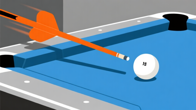 自动生成图片: Ilustrasi minimalis meja biliar dengan panah kekuatan berwarna oranye terang melesat dari bola putih ke bola berangka, skema warna biru tua dan abu-abu, desain bersih, gaya diagram teknik high quality illustration, detailed, 16:9