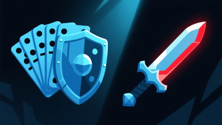 自动生成图片: Ilustrasi abstrak dua sisi: satu sisi menunjukkan perisai yang terbuat dari kartu domino yang tersusun rapat dengan warna biru dingin, sisi lain menunjukkan pedang yang terbuat dari kartu domino dengan ujung merah menyala, latar belakang gelap dengan cahaya dramatis, gaya ilustrasi game digital minimalis high quality illustration, detailed, 16:9