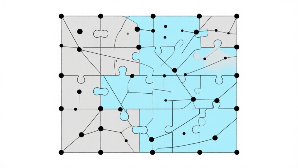 Ilustrasi minimalis puzzle one line draw yang rumit dengan banyak titik dan garis yang sudah terhubung sebagian, skema warna biru muda dan abu-abu, gaya clean dan geometris high quality illustration, detailed, 16:9