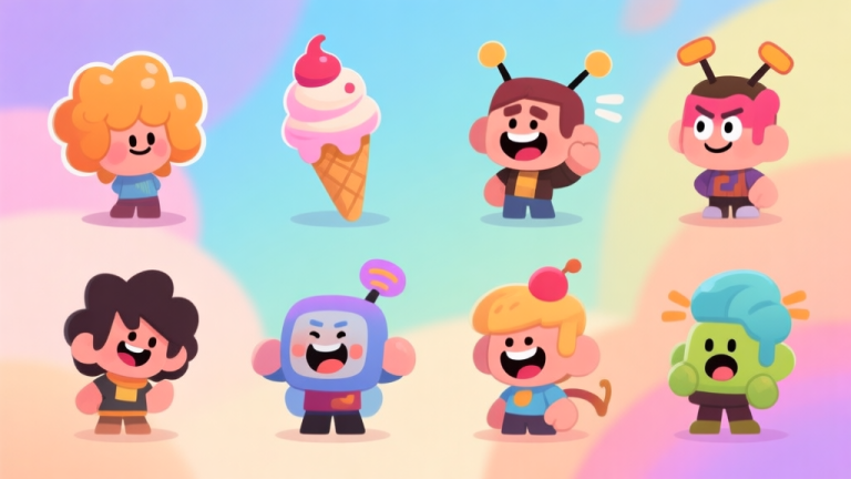 自动生成图片: Ilustrasi karakter game kartun dengan berbagai gaya ramhat kocak dan aneh, seperti rambut berbentuk es krim atau antena, dengan ekspresi senang. Latar belakang warna-warni lembut, gaya seni digital yang bersih. high quality illustration, detailed, 16:9