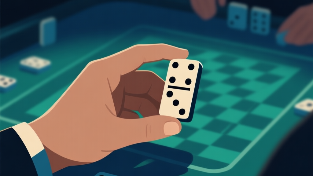 Ilustrasi konsep 'menggali' dalam permainan domino, menunjukkan tangan pemain memegang tile domino dengan latar belakang papan permainan yang samar, cahaya fokus pada tile di tangan, gaya ilustrasi digital minimalis dengan nuansa strategis, warna dominan earth tone dan biru kehijauan gelap high quality illustration, detailed, 16:9