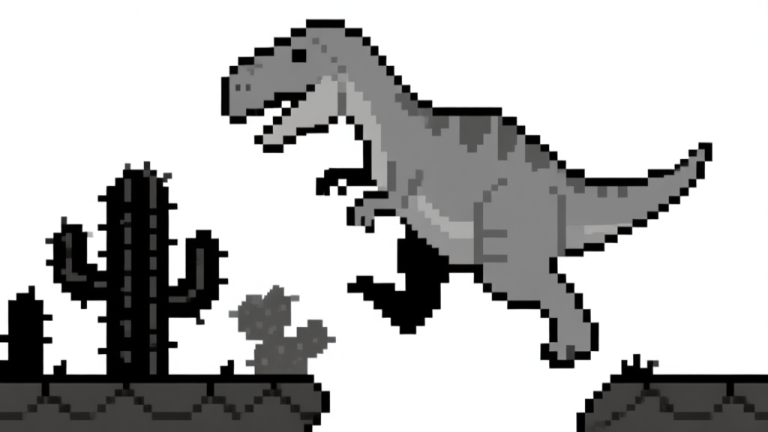 自动生成图片: Ilustrasi minimalis game dinosaurus Chrome dengan latar belakang putih, menunjukkan dinosaurus sedang melompati kaktus, dalam gaya pixel art yang bersih dan sederhana, skema warna abu-abu dan hitam high quality illustration, detailed, 16:9