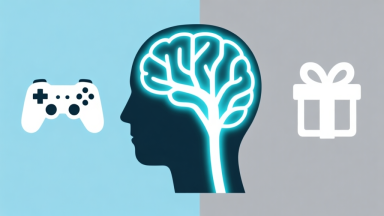 自动生成图片: Ilustrasi minimalis pikiran manusia dengan koneksi saraf bercahaya, di satu sisi ada ikon game controller sederhana dan di sisi lain ada simbol hadiah (reward), skema warna pastel biru dan abu-abu, gaya desain bersih high quality illustration, detailed, 16:9