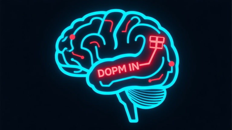 自动生成图片: Ilustrasi abstrak dari jalur dopamin di otak, digambarkan sebagai sirkuit neon biru dan merah yang menyala pada latar belakang gelap, gaya minimalis dengan elemen digital, mewakili konsep hadiah dan kecanduan dalam game high quality illustration, detailed, 16:9